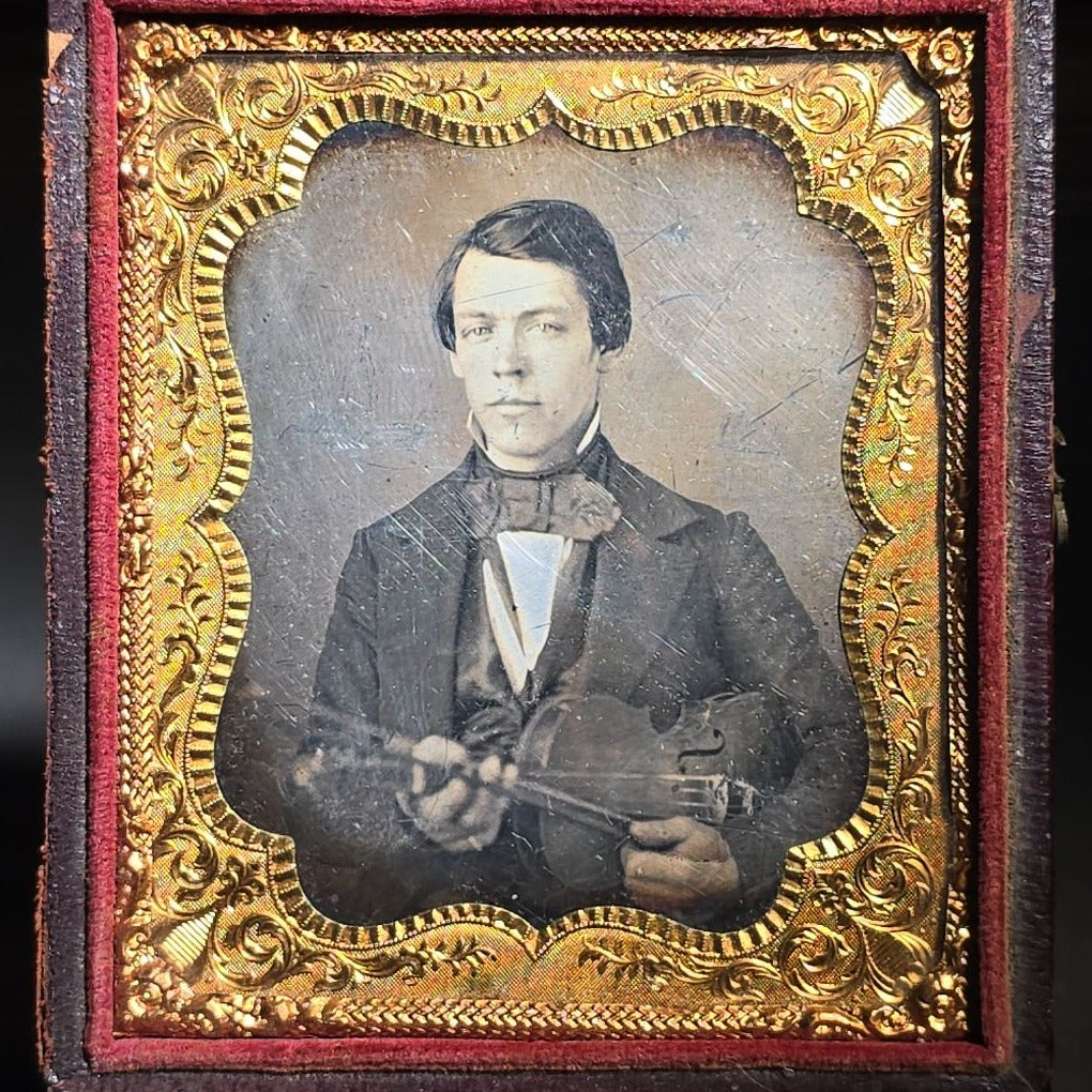 Antique 1/6th Plate Daguerreotype Photograph of a Young Man Holding a Violin in Half Leatherette Case