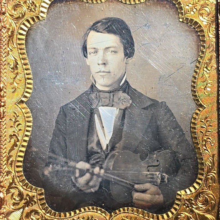 Antique 1/6th Plate Daguerreotype Photograph of a Young Man Holding a Violin in Half Leatherette Case