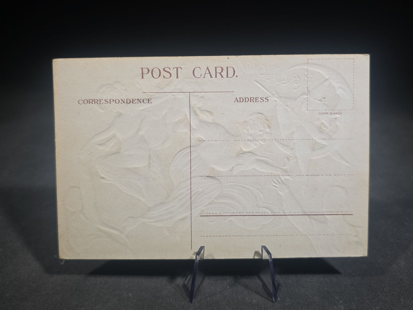 Antique Embossed Halloween Postcard with Masked Dancing Women, Witch on Crescent Moon, and Bachelors, "Hallowe'en," H-12, Copyright E. Nash, Unused