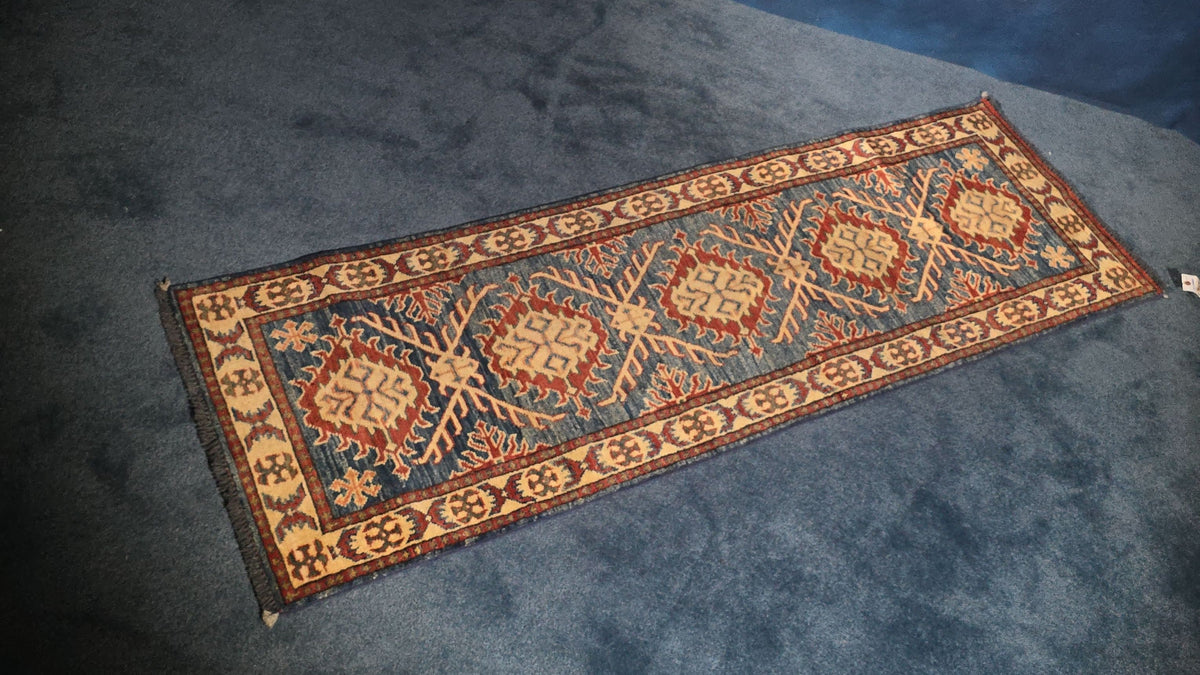 Vintage Hand-Knotted Kazak-Style Wool Runner Rug