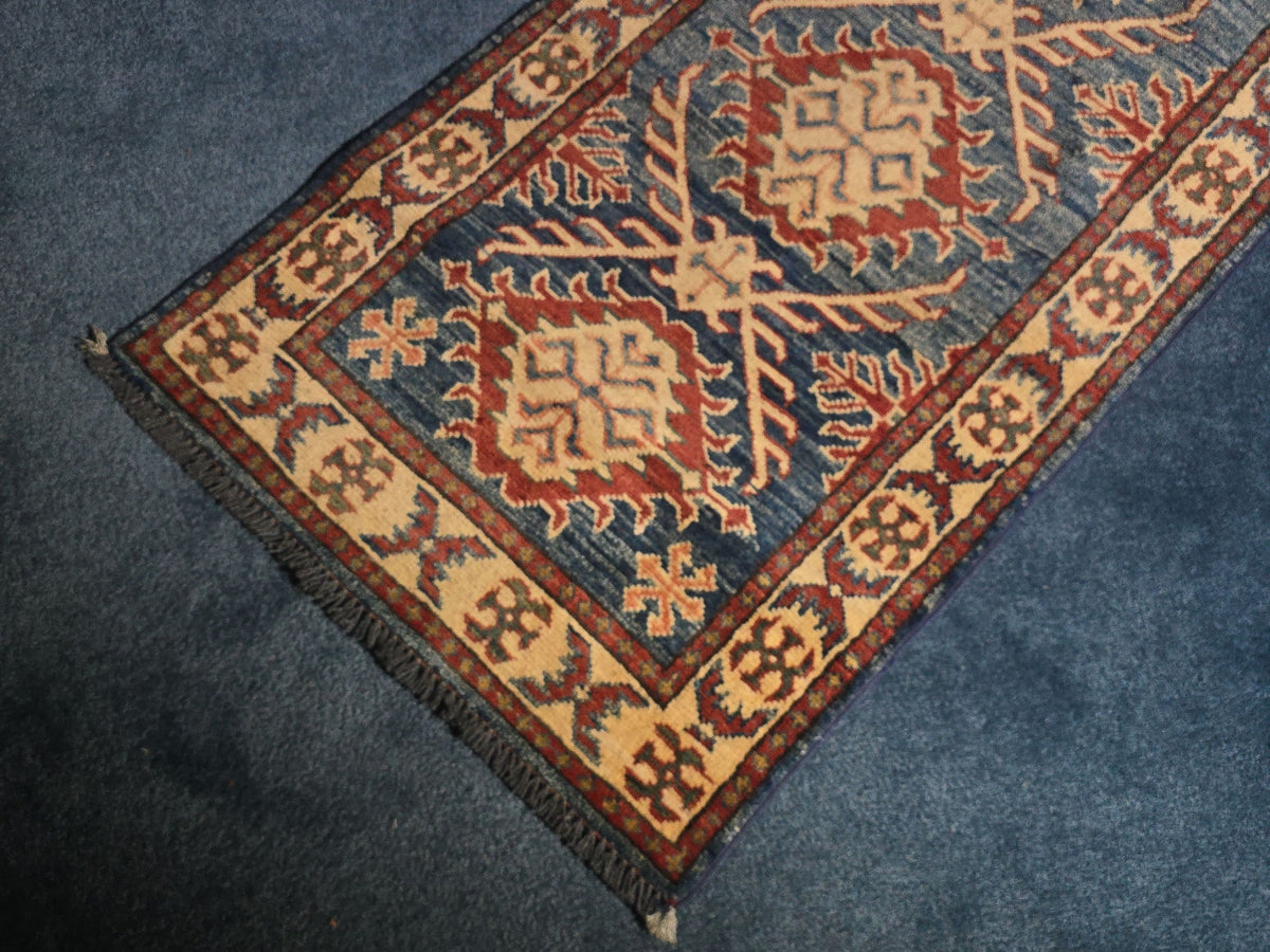 Vintage Hand-Knotted Kazak-Style Wool Runner Rug