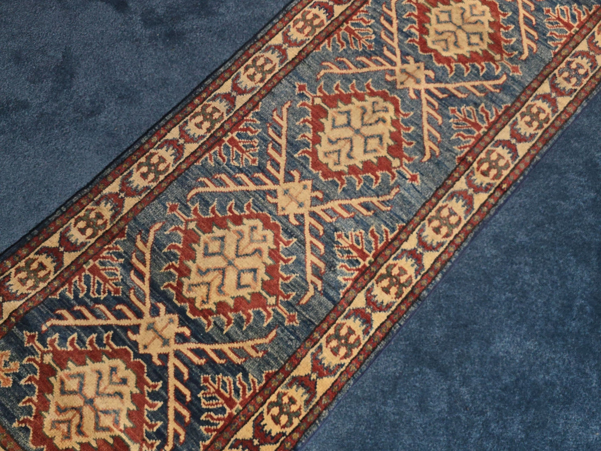 Vintage Hand-Knotted Kazak-Style Wool Runner Rug