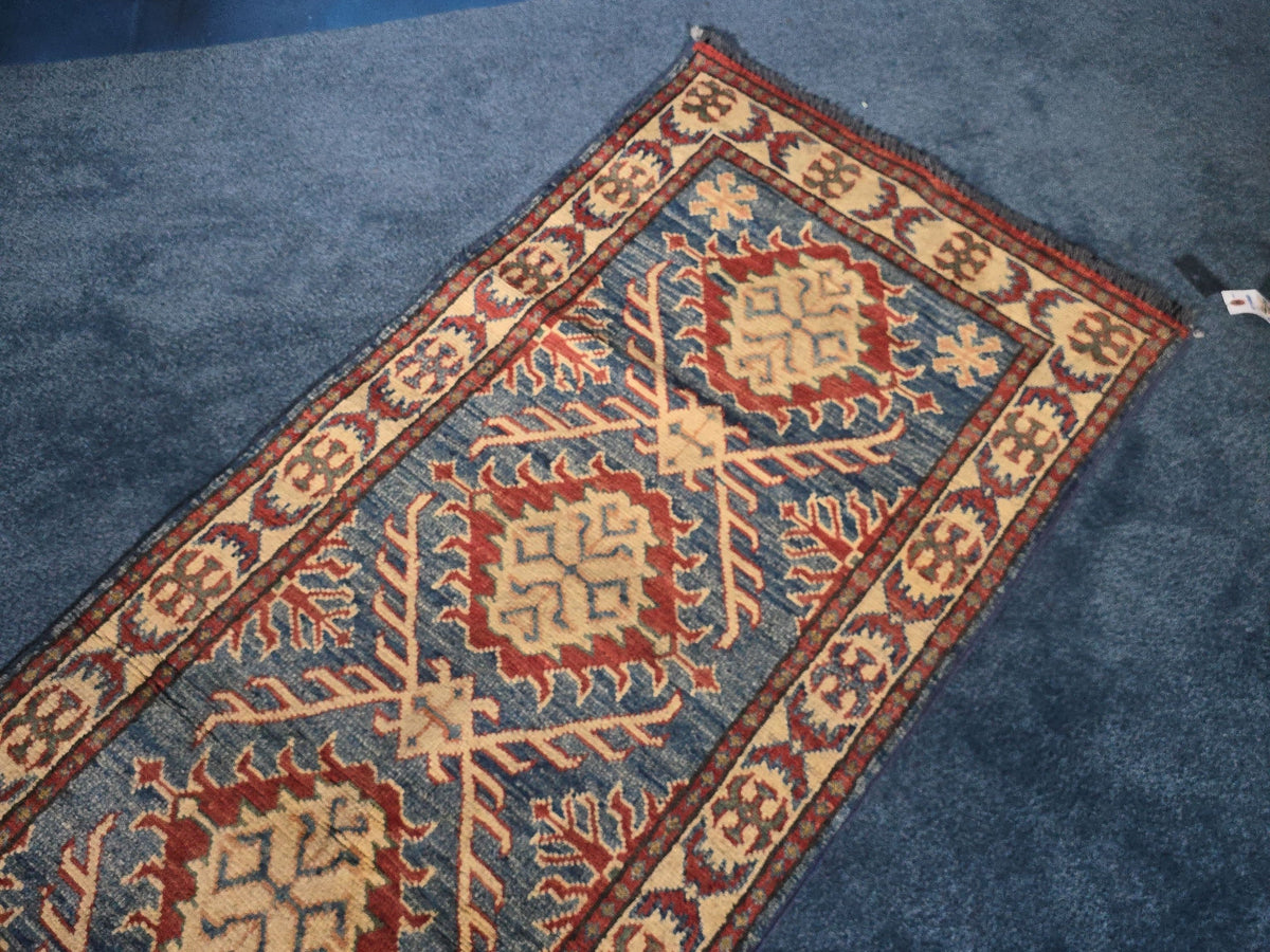 Vintage Hand-Knotted Kazak-Style Wool Runner Rug