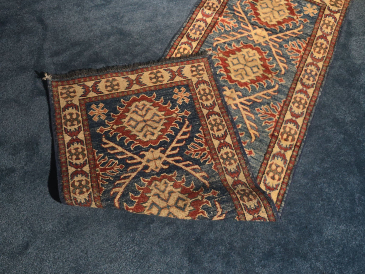 Vintage Hand-Knotted Kazak-Style Wool Runner Rug
