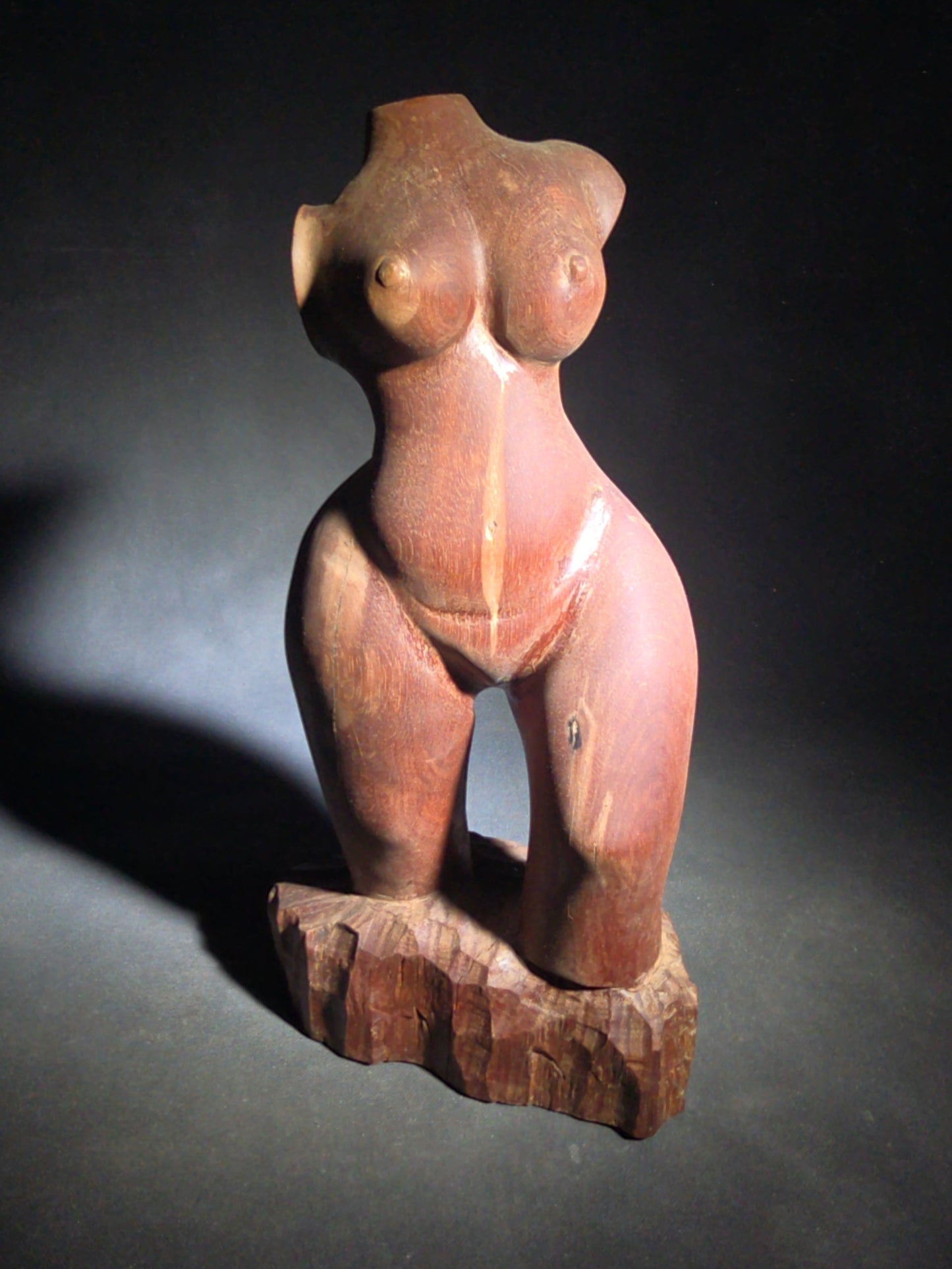 Vintage Carved Wood Female Nude Torso Sculpture on Rough-Hewn Base