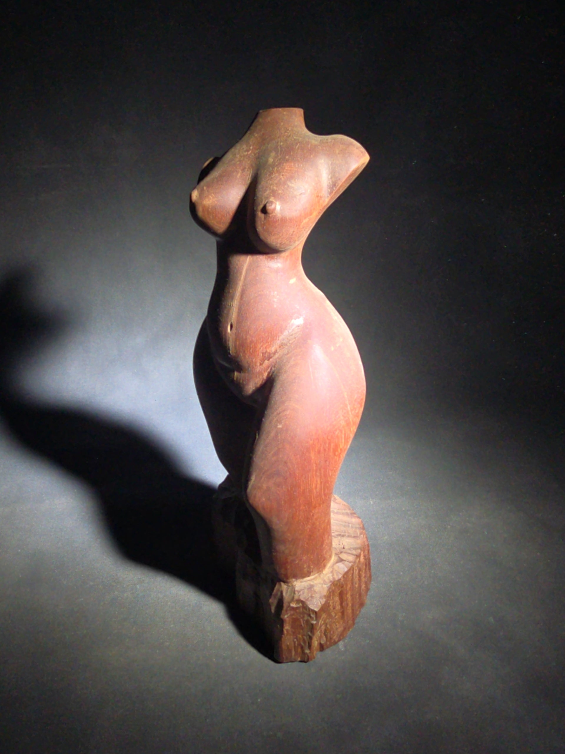 Vintage Carved Wood Female Nude Torso Sculpture on Rough-Hewn Base