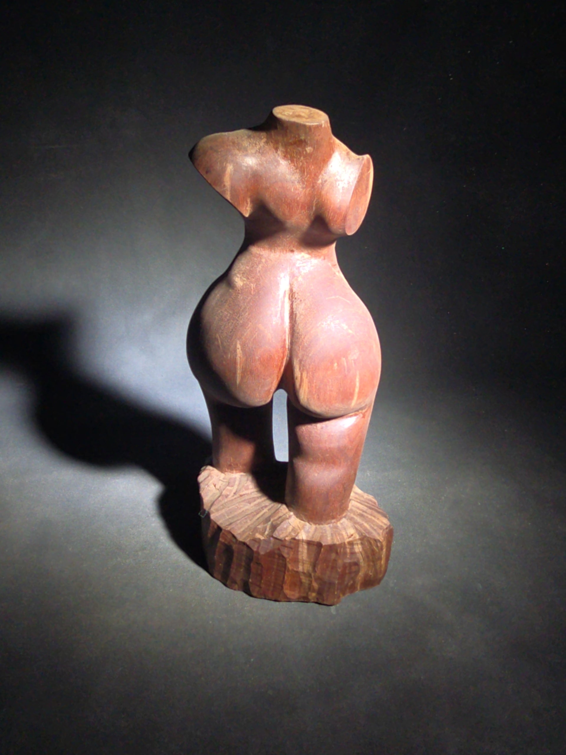 Vintage Carved Wood Female Nude Torso Sculpture on Rough-Hewn Base