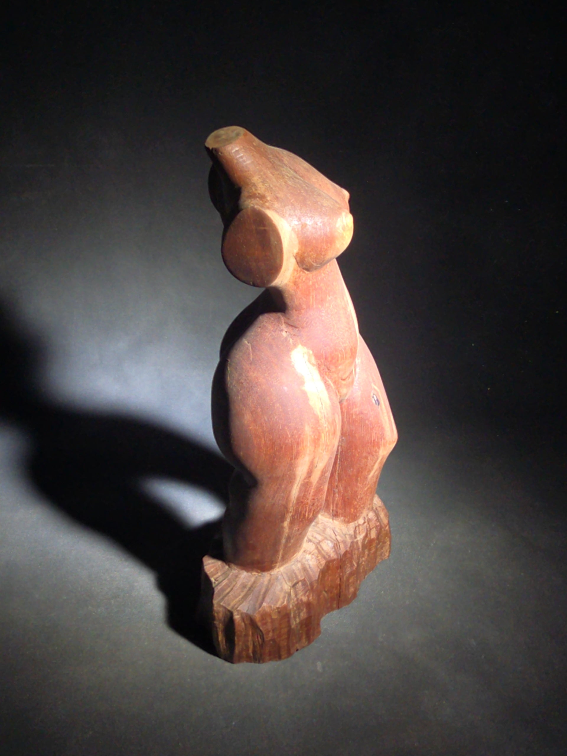 Vintage Carved Wood Female Nude Torso Sculpture on Rough-Hewn Base