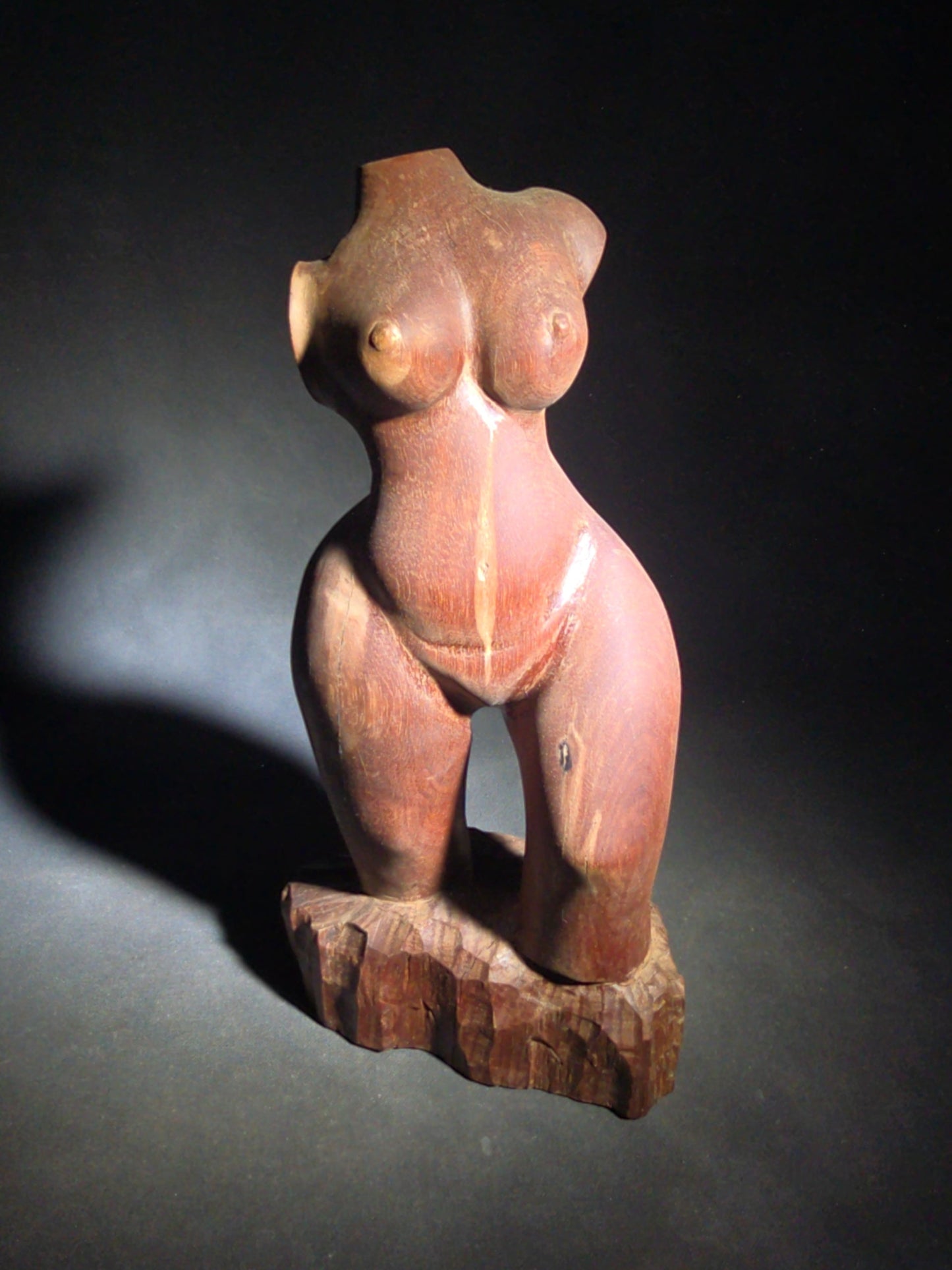 Vintage Carved Wood Female Nude Torso Sculpture on Rough-Hewn Base