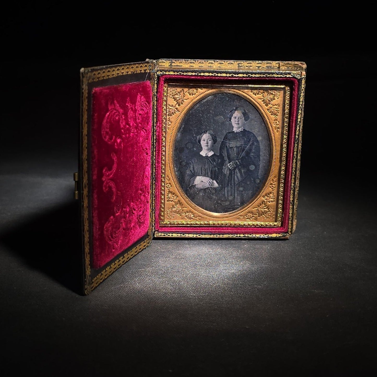 Antique 1/6th Plate Daguerreotype Photograph of Two Young Women in Papier-Mache Case with Mother-of-Pearl Inlay and Hand-Painted Landscape with Ruins