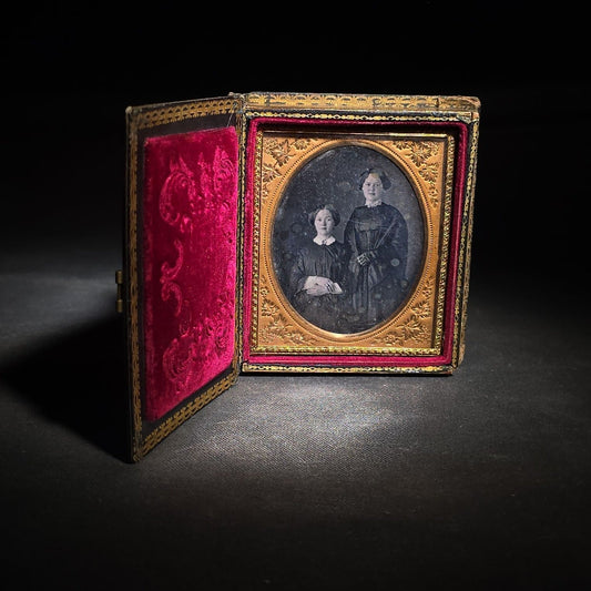 Antique 1/6th Plate Daguerreotype Photograph of Two Young Women in Papier-Mache Case with Mother-of-Pearl Inlay and Hand-Painted Landscape with Ruins