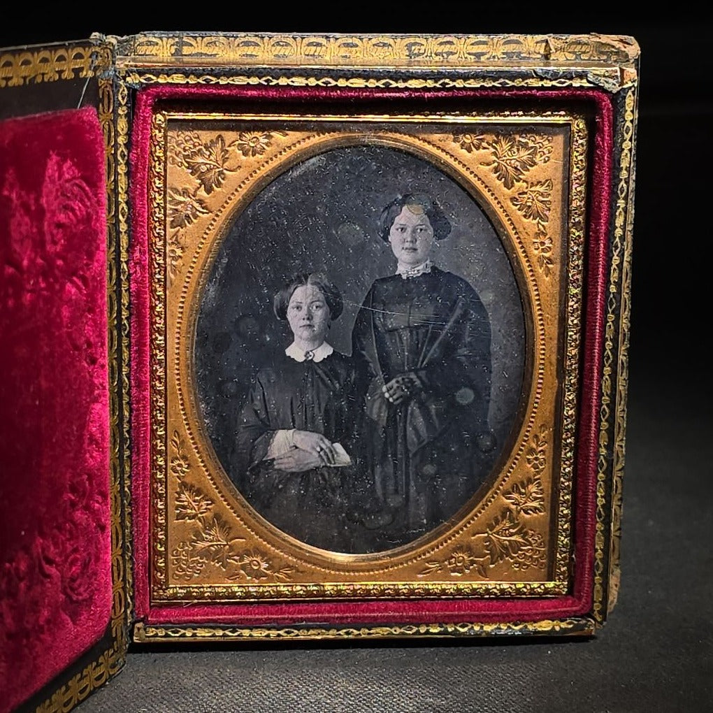 Antique 1/6th Plate Daguerreotype Photograph of Two Young Women in Papier-Mache Case with Mother-of-Pearl Inlay and Hand-Painted Landscape with Ruins