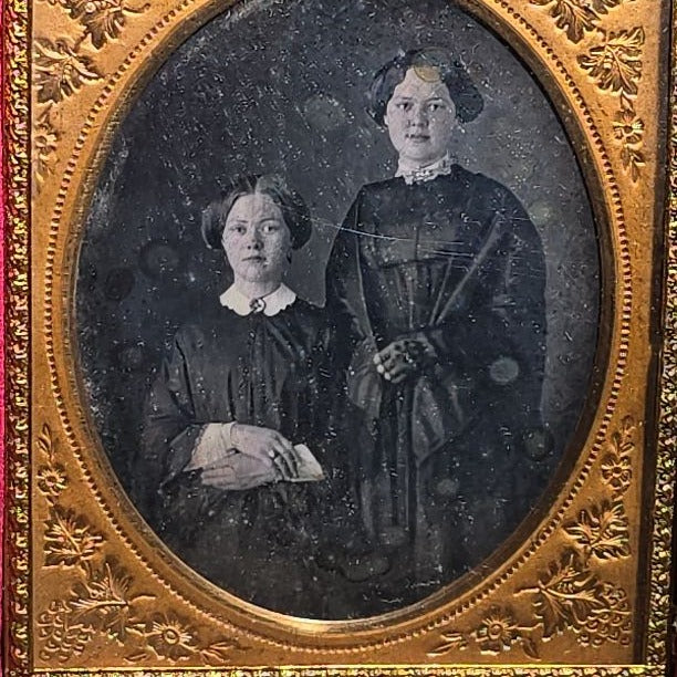 Antique 1/6th Plate Daguerreotype Photograph of Two Young Women in Papier-Mache Case with Mother-of-Pearl Inlay and Hand-Painted Landscape with Ruins