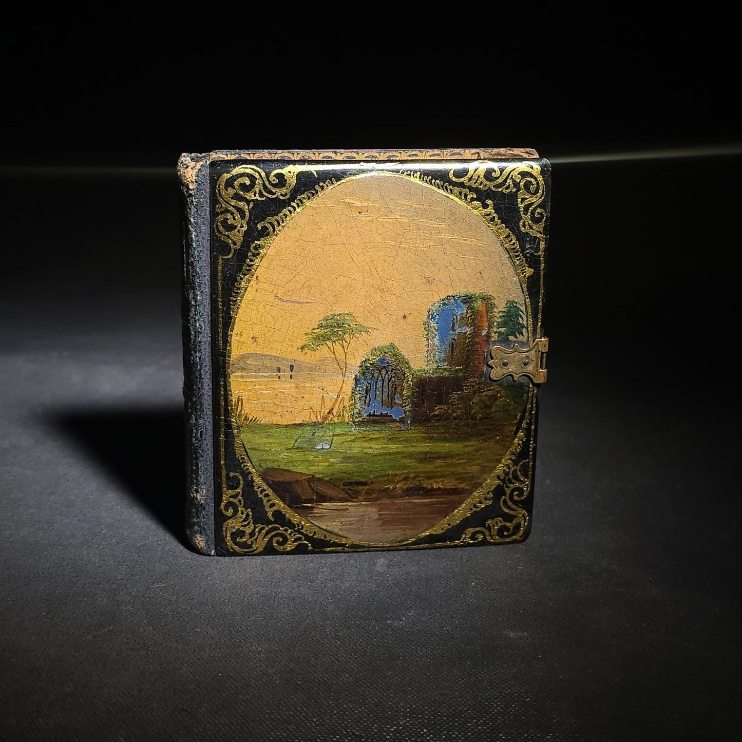 Antique 1/6th Plate Daguerreotype Photograph of Two Young Women in Papier-Mache Case with Mother-of-Pearl Inlay and Hand-Painted Landscape with Ruins