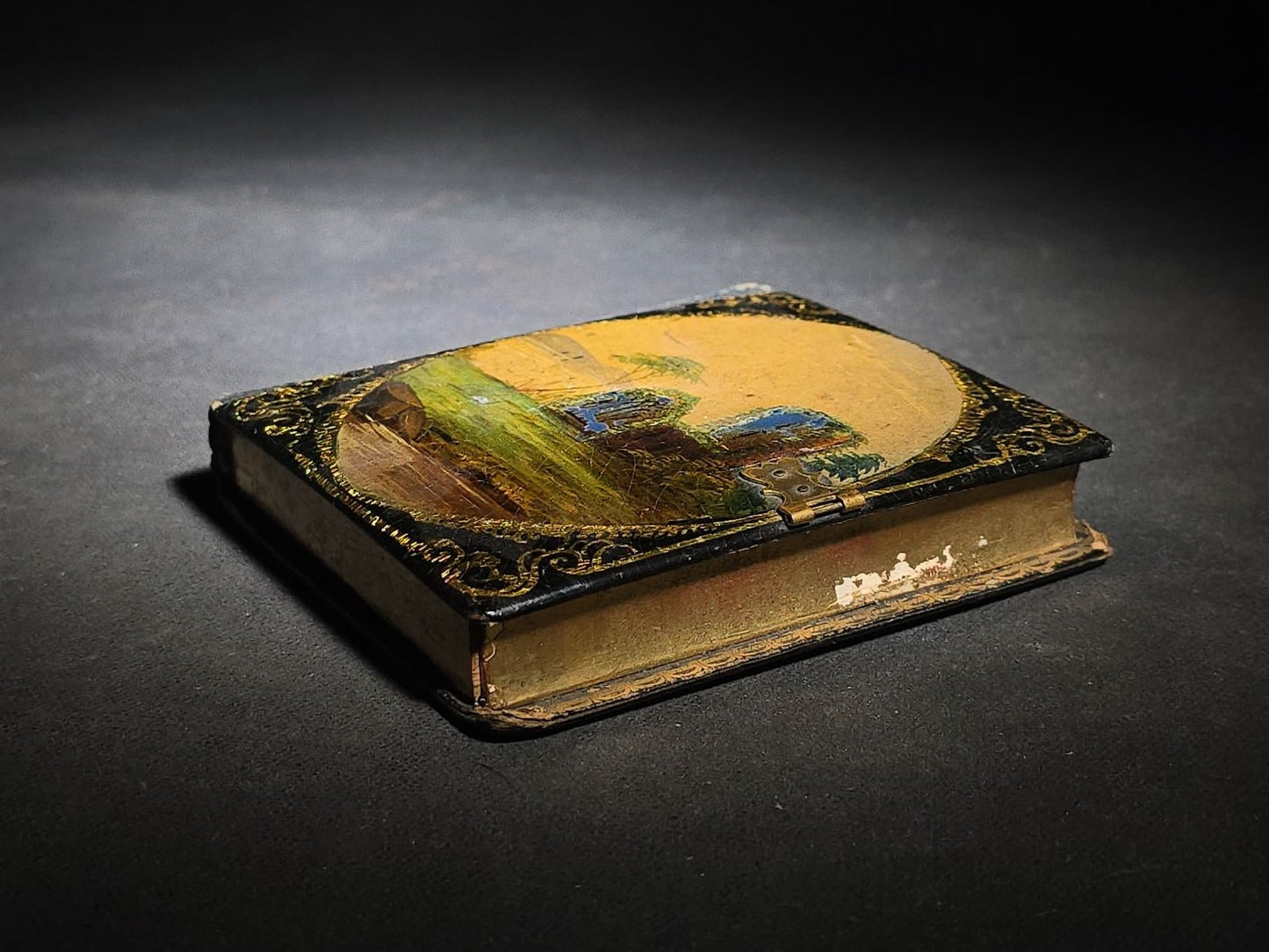Antique 1/6th Plate Daguerreotype Photograph of Two Young Women in Papier-Mache Case with Mother-of-Pearl Inlay and Hand-Painted Landscape with Ruins
