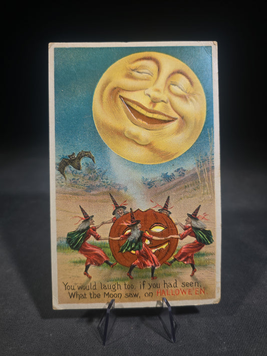 Antique Embossed Halloween Postcard with Laughing Man in the Moon, Witches Dancing Around a Jack-O-Lantern, and Bat, "You Would Laugh Too, If You Had Seen, What the Moon Saw, on Hallowe'en," No. 876/4, Unused