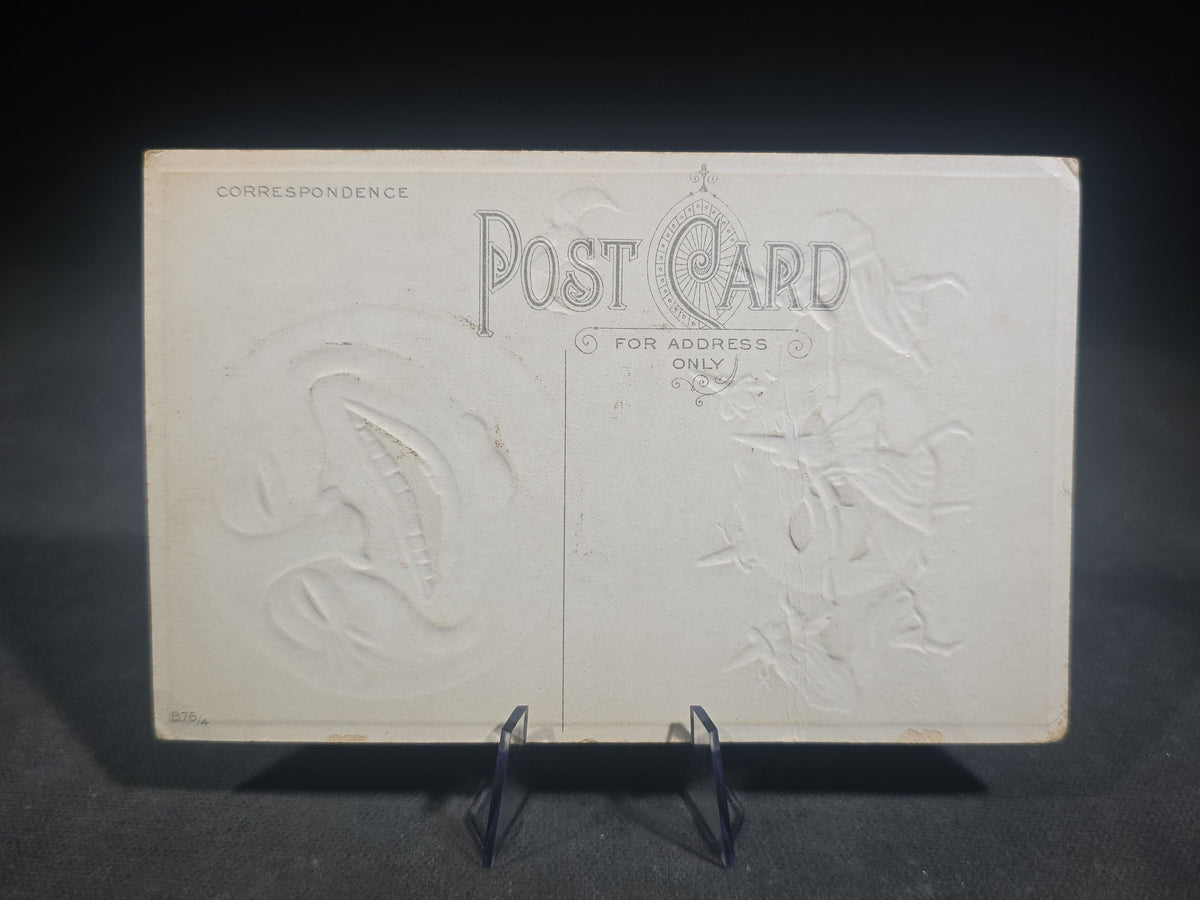 Antique Embossed Halloween Postcard with Laughing Man in the Moon, Witches Dancing Around a Jack-O-Lantern, and Bat, "You Would Laugh Too, If You Had Seen, What the Moon Saw, on Hallowe'en," No. 876/4, Unused