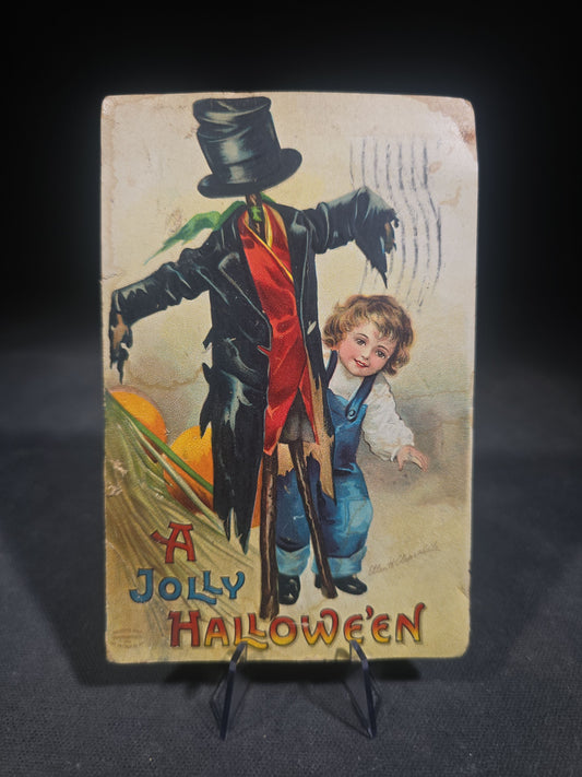 Antique Halloween Postcard with Scarecrow and Child, "A Jolly Hallowe'en," Series No. 1238, Ellen H. Clapsaddle, Published by International Art Publishing Co., Postmarked 1915, New Bedford, Massachusetts