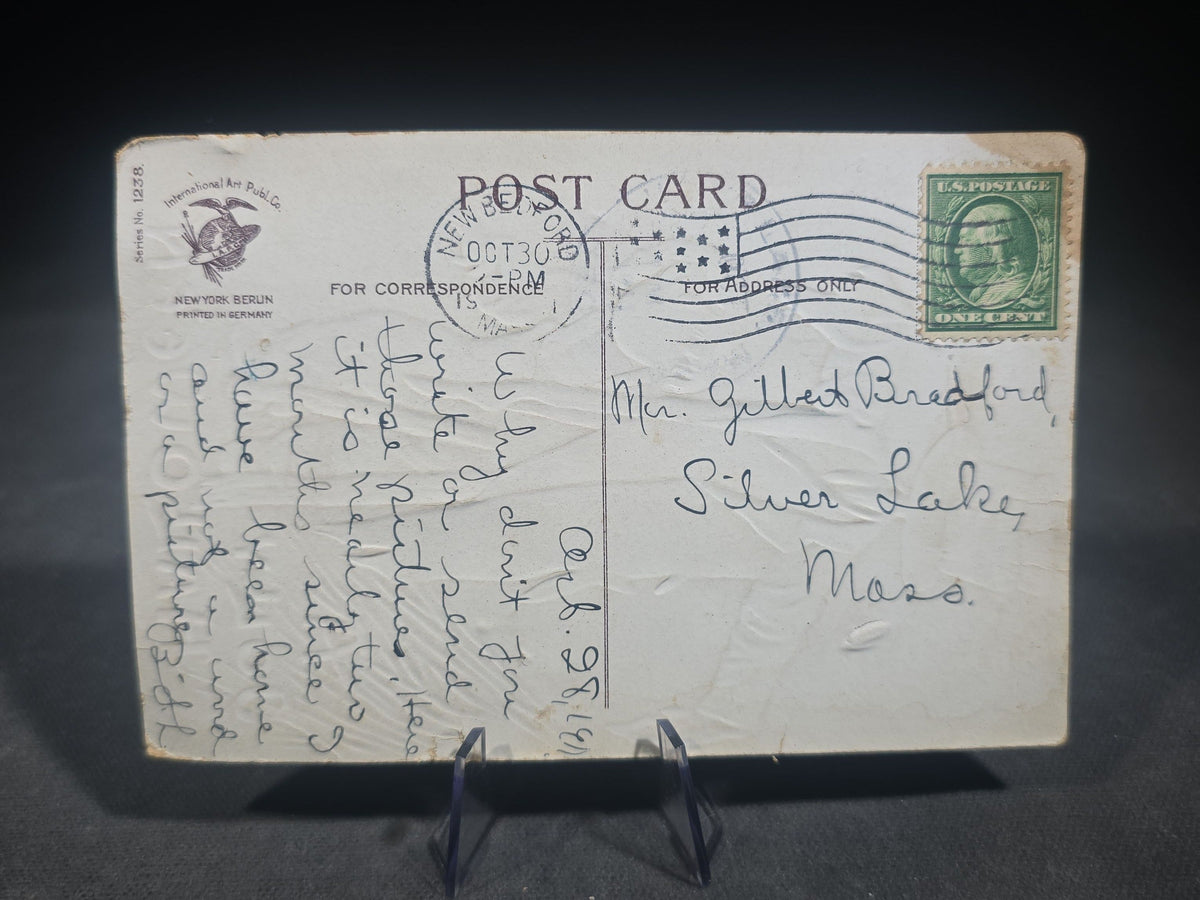 Antique Halloween Postcard with Scarecrow and Child, "A Jolly Hallowe'en," Series No. 1238, Ellen H. Clapsaddle, Published by International Art Publishing Co., Postmarked 1915, New Bedford, Massachusetts