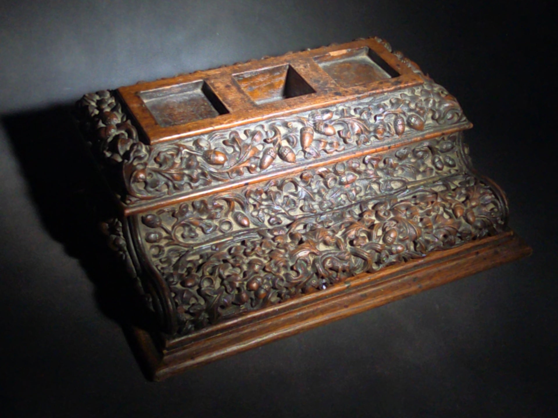 Antique Carved Oak Desk Stand with Oak Leaf and Acorn Motif, Three Inkwell Recesses and Lift-Door Compartment