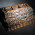 Lot 118 - Antique Carved Oak Desk Stand with Oak Leaf and Acorn Motif, Three Inkwell Recesses and Lift-Door Compartment, 13" L x 9-1/2" W