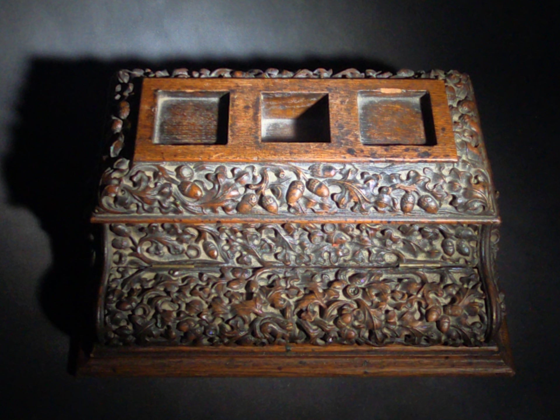 Antique Carved Oak Desk Stand with Oak Leaf and Acorn Motif, Three Inkwell Recesses and Lift-Door Compartment