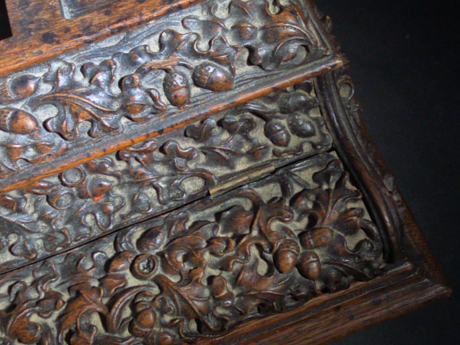 Antique Carved Oak Desk Stand with Oak Leaf and Acorn Motif, Three Inkwell Recesses and Lift-Door Compartment