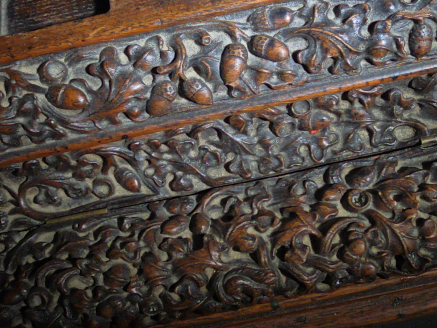 Antique Carved Oak Desk Stand with Oak Leaf and Acorn Motif, Three Inkwell Recesses and Lift-Door Compartment