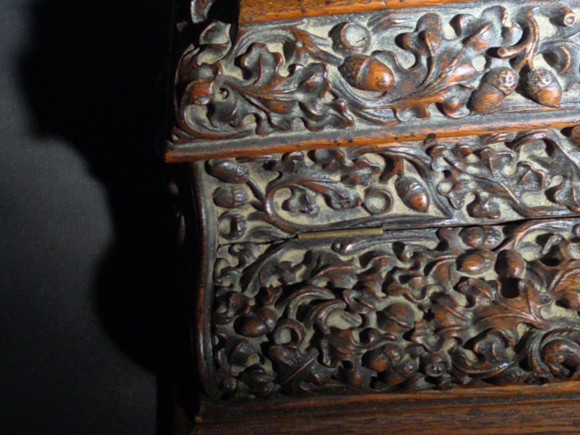 Antique Carved Oak Desk Stand with Oak Leaf and Acorn Motif, Three Inkwell Recesses and Lift-Door Compartment