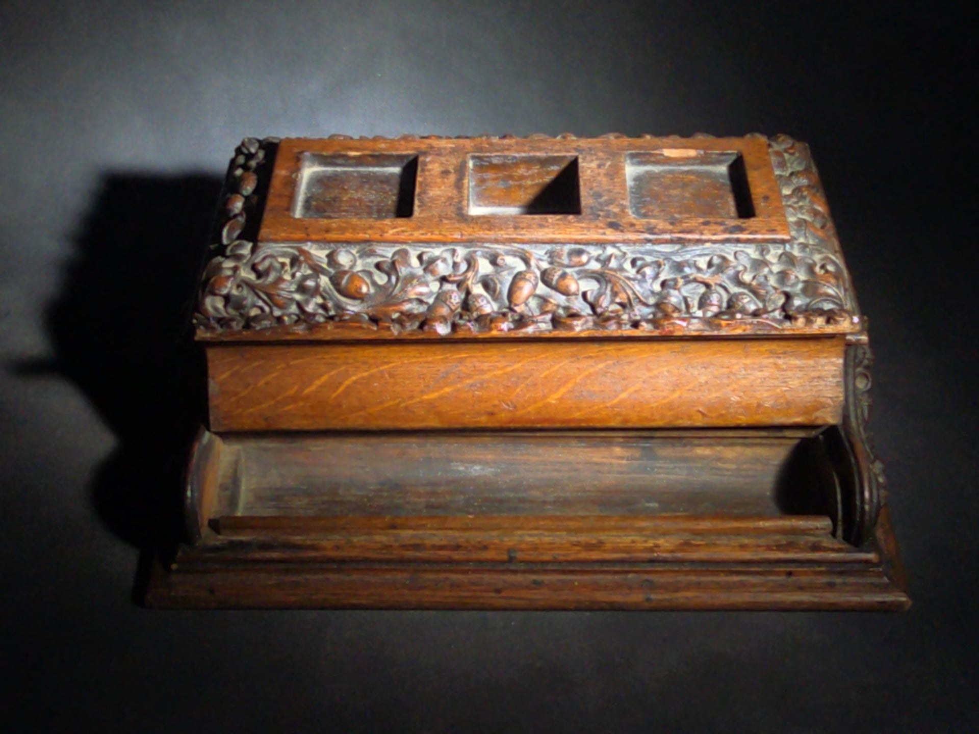 Antique Carved Oak Desk Stand with Oak Leaf and Acorn Motif, Three Inkwell Recesses and Lift-Door Compartment