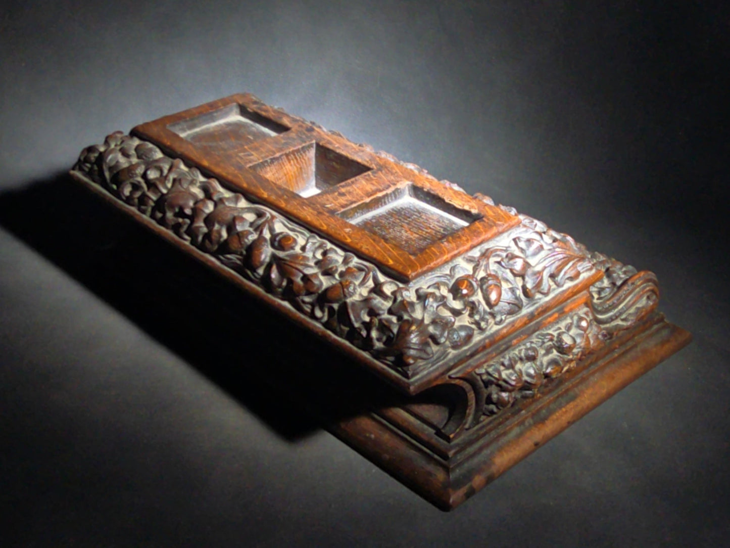 Antique Carved Oak Desk Stand with Oak Leaf and Acorn Motif, Three Inkwell Recesses and Lift-Door Compartment