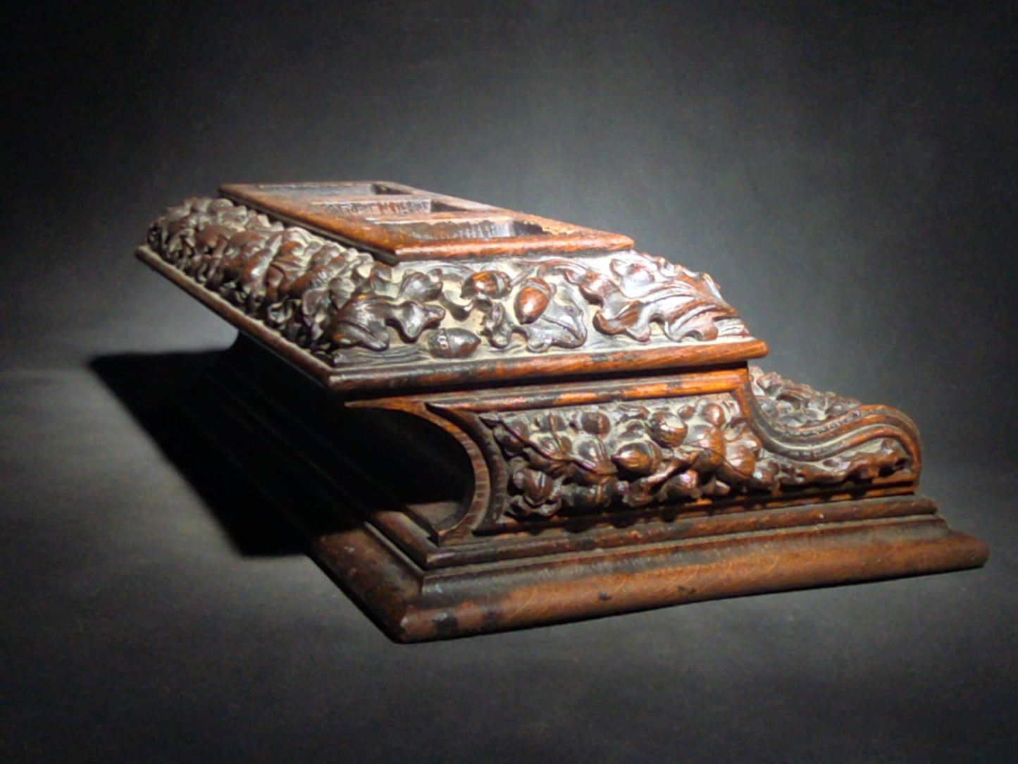 Antique Carved Oak Desk Stand with Oak Leaf and Acorn Motif, Three Inkwell Recesses and Lift-Door Compartment
