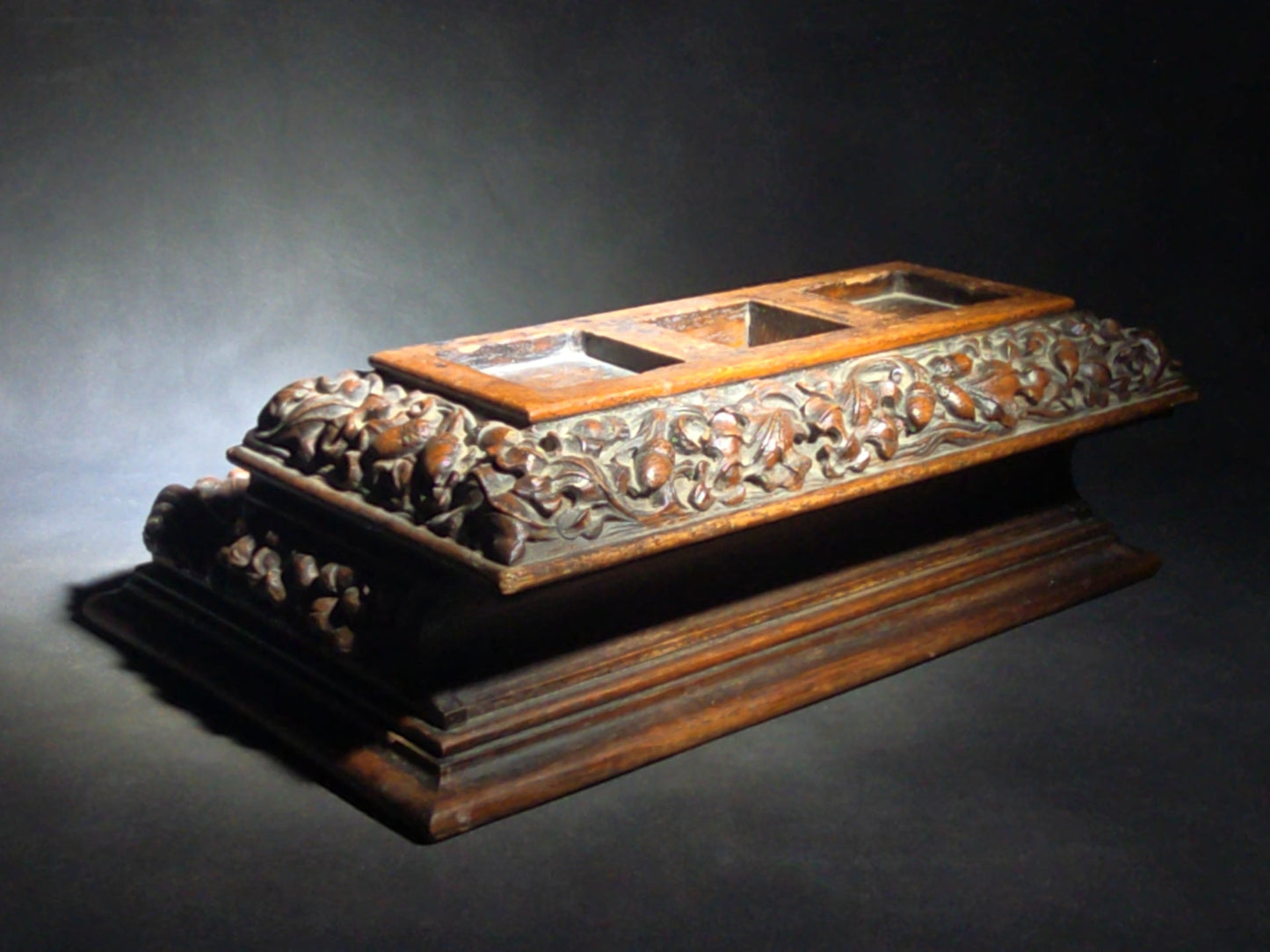 Antique Carved Oak Desk Stand with Oak Leaf and Acorn Motif, Three Inkwell Recesses and Lift-Door Compartment