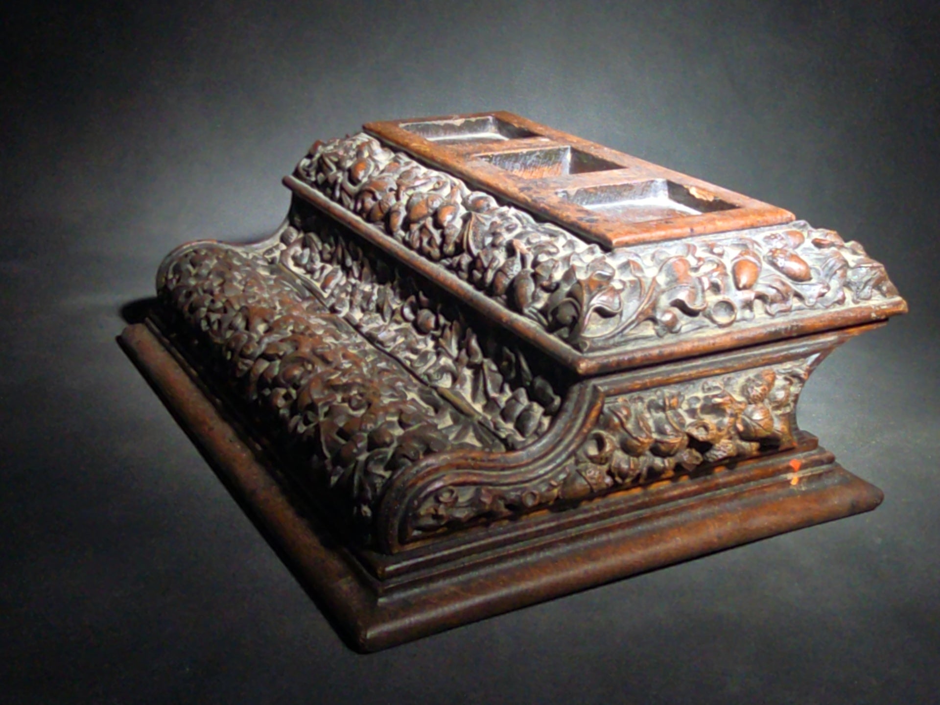 Antique Carved Oak Desk Stand with Oak Leaf and Acorn Motif, Three Inkwell Recesses and Lift-Door Compartment