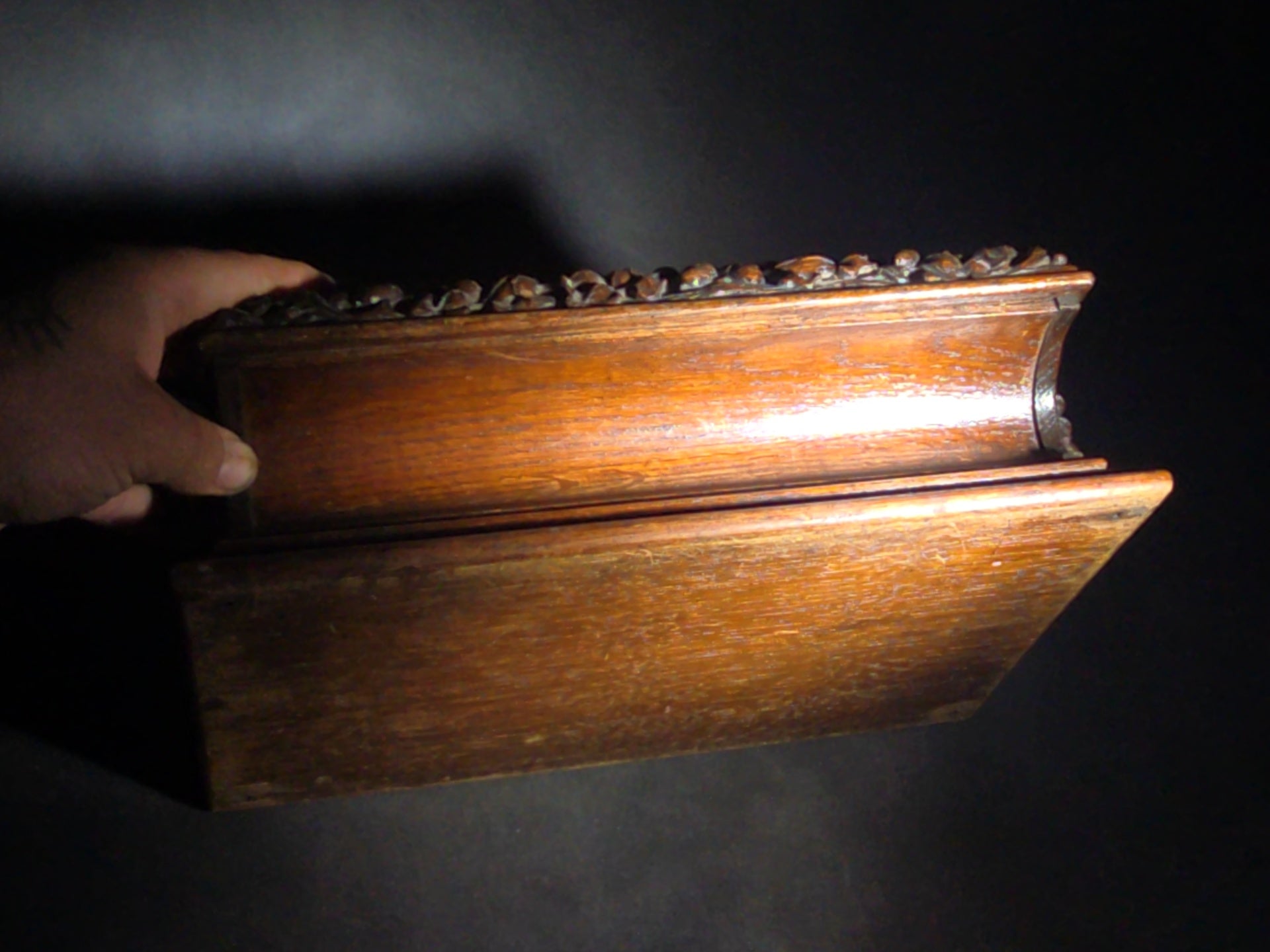Antique Carved Oak Desk Stand with Oak Leaf and Acorn Motif, Three Inkwell Recesses and Lift-Door Compartment