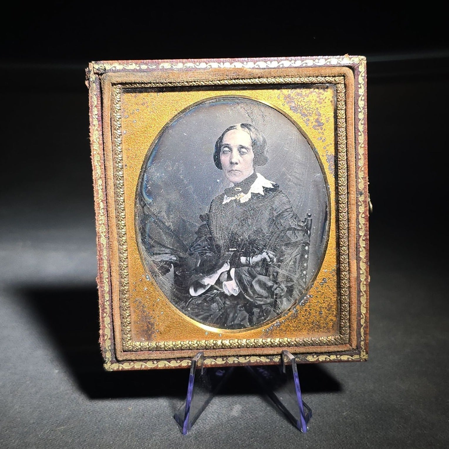 Antique 1/6th Plate Daguerreotype Photograph of a Woman with Sunken Eyes in Half Leatherette Case with Embossed Floral Urn Design