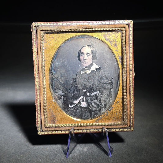 Antique 1/6th Plate Daguerreotype Photograph of a Woman with Sunken Eyes in Half Leatherette Case with Embossed Floral Urn Design