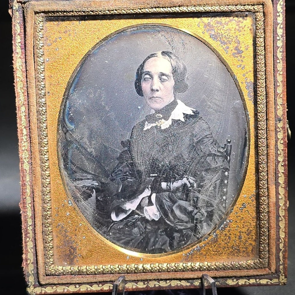 Antique 1/6th Plate Daguerreotype Photograph of a Woman with Sunken Eyes in Half Leatherette Case with Embossed Floral Urn Design
