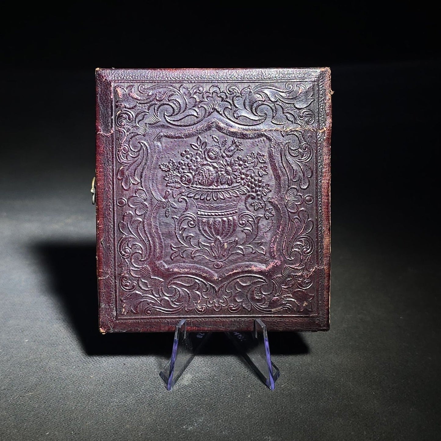 Antique 1/6th Plate Daguerreotype Photograph of a Woman with Sunken Eyes in Half Leatherette Case with Embossed Floral Urn Design