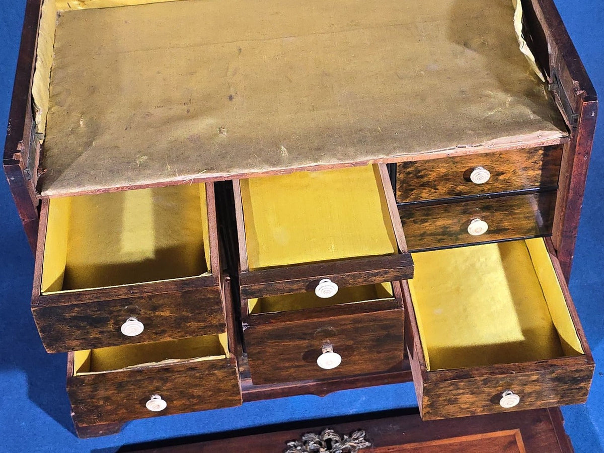 Antique Mahogany Collector's Cabinet with Silk-Lined Interior and Multiple Drawers