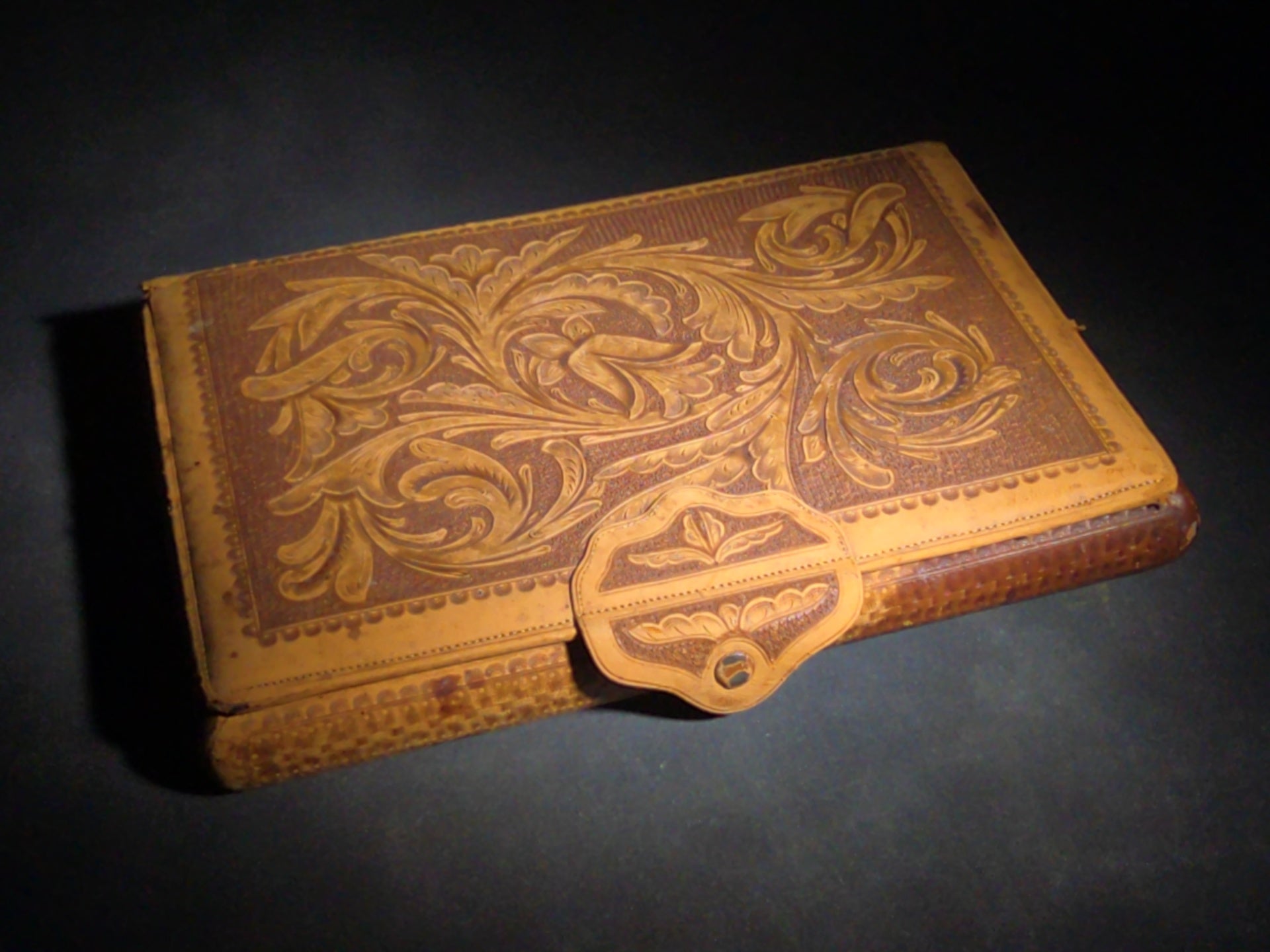 Antique Tooled Leather Portable Writing Desk with Acanthus Scroll Design, Inkwell, and Marbled Paper Blotter, Stamped "G.A.T. Keswick"