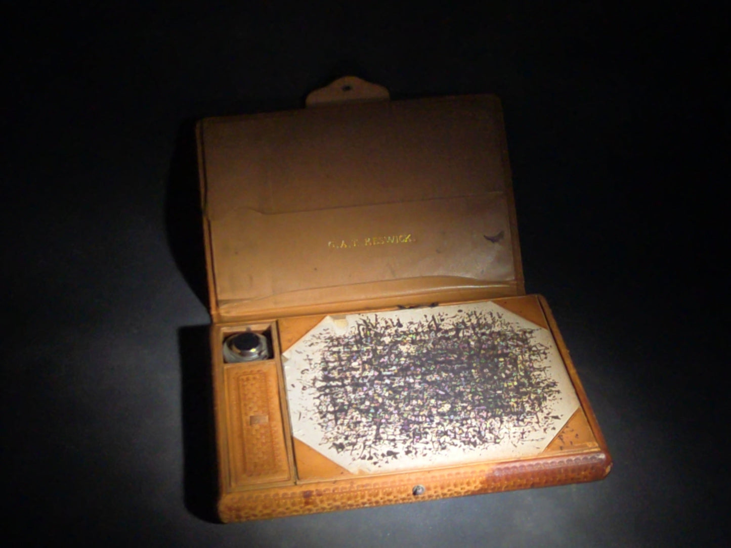 Antique Tooled Leather Portable Writing Desk with Acanthus Scroll Design, Inkwell, and Marbled Paper Blotter, Stamped "G.A.T. Keswick"