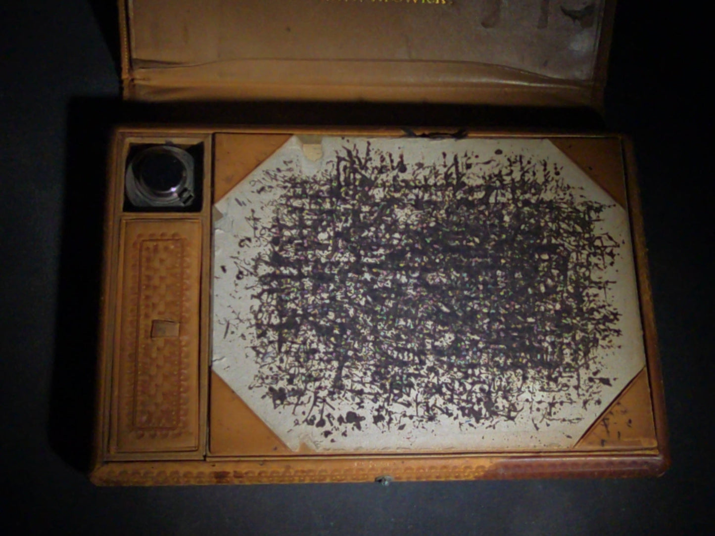 Antique Tooled Leather Portable Writing Desk with Acanthus Scroll Design, Inkwell, and Marbled Paper Blotter, Stamped "G.A.T. Keswick"