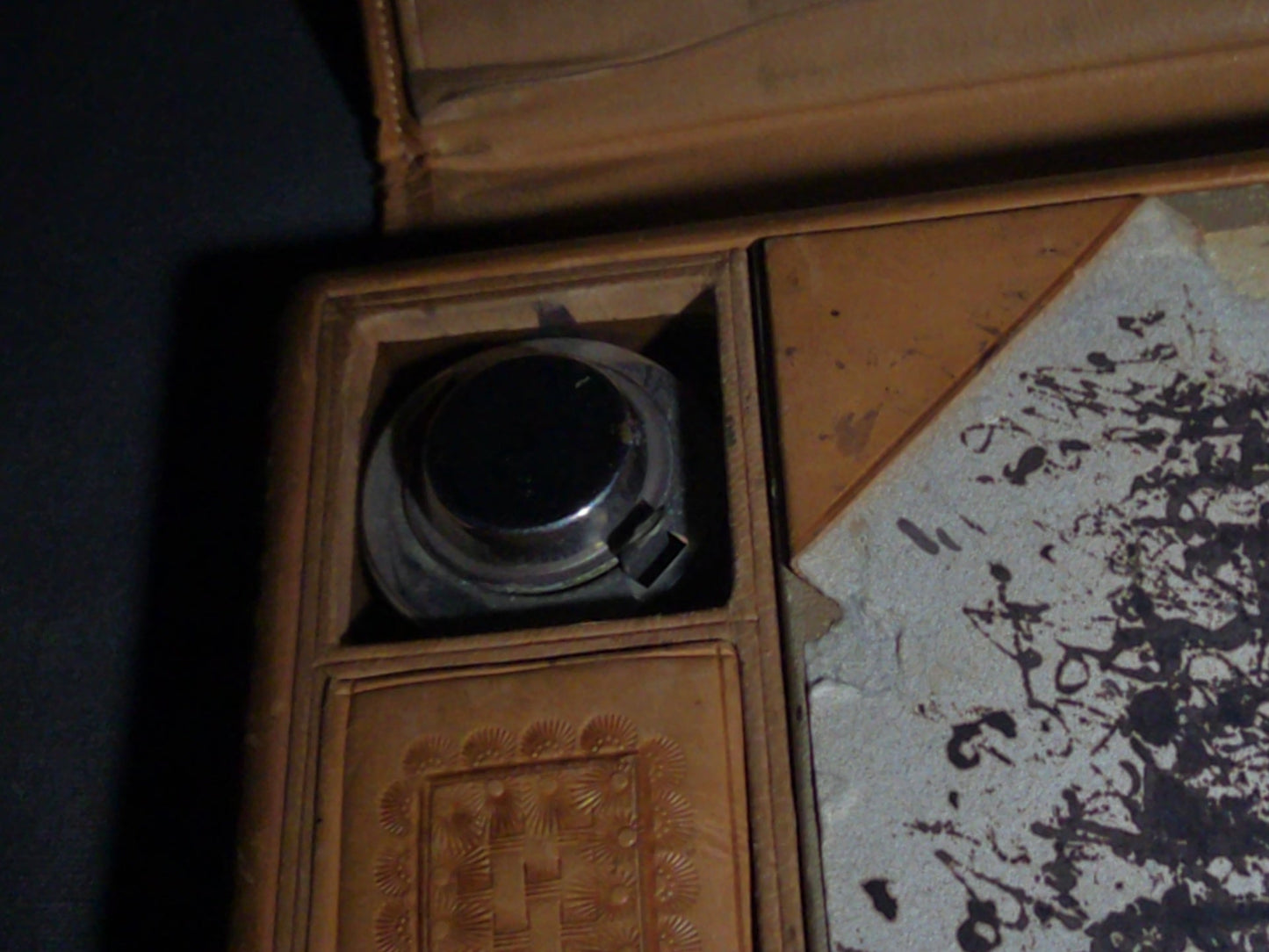 Antique Tooled Leather Portable Writing Desk with Acanthus Scroll Design, Inkwell, and Marbled Paper Blotter, Stamped "G.A.T. Keswick"