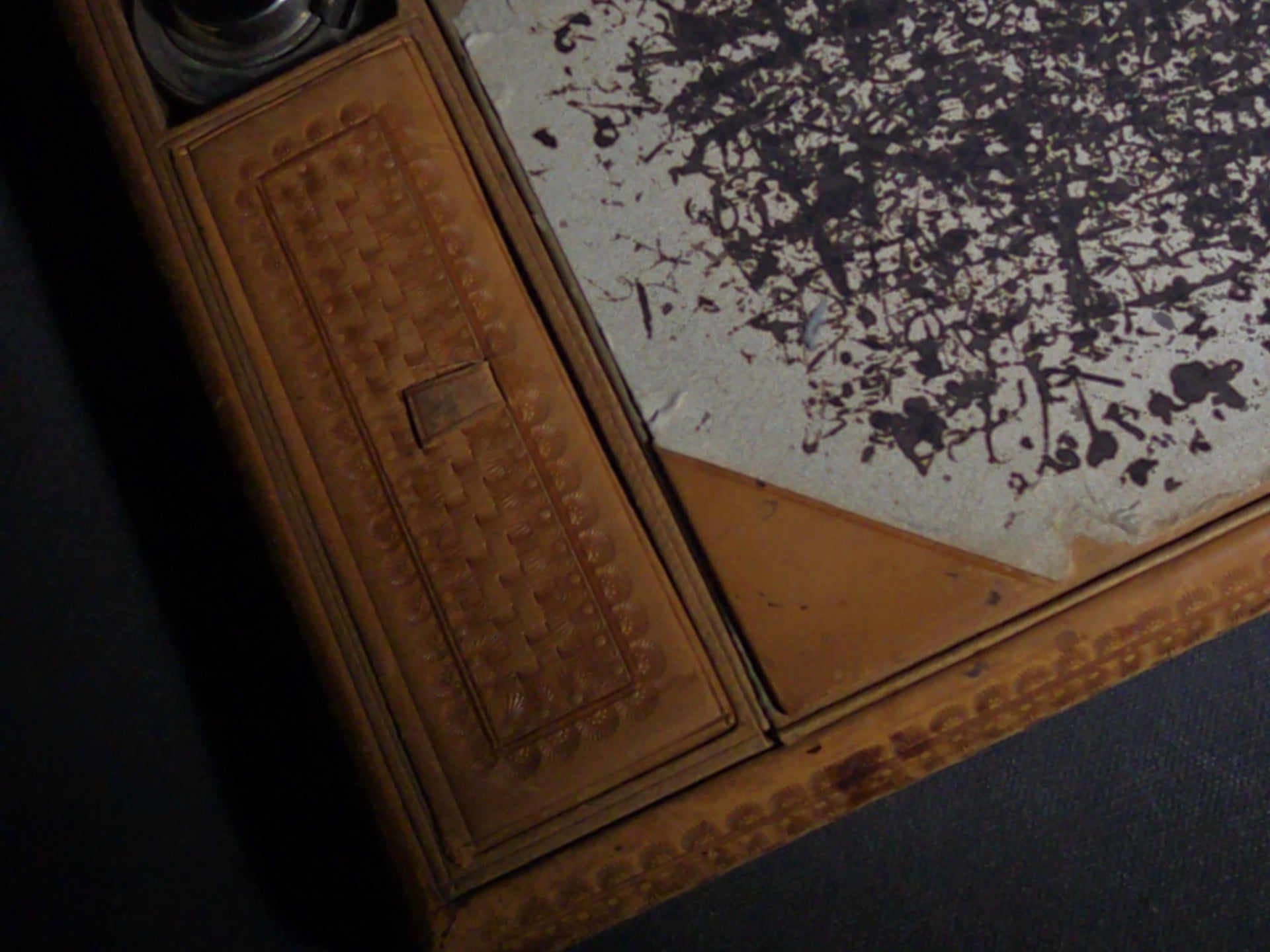 Antique Tooled Leather Portable Writing Desk with Acanthus Scroll Design, Inkwell, and Marbled Paper Blotter, Stamped "G.A.T. Keswick"