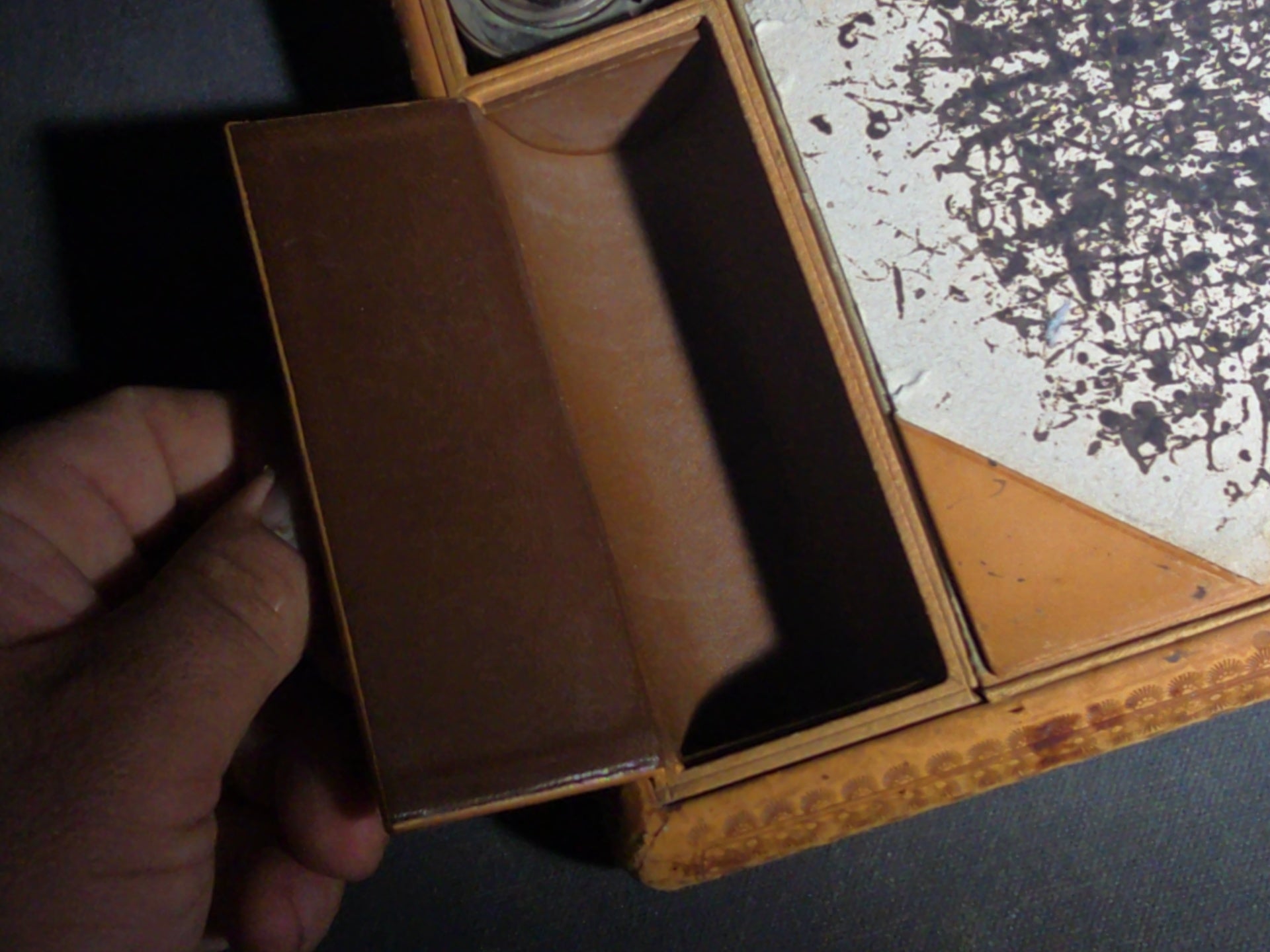 Antique Tooled Leather Portable Writing Desk with Acanthus Scroll Design, Inkwell, and Marbled Paper Blotter, Stamped "G.A.T. Keswick"