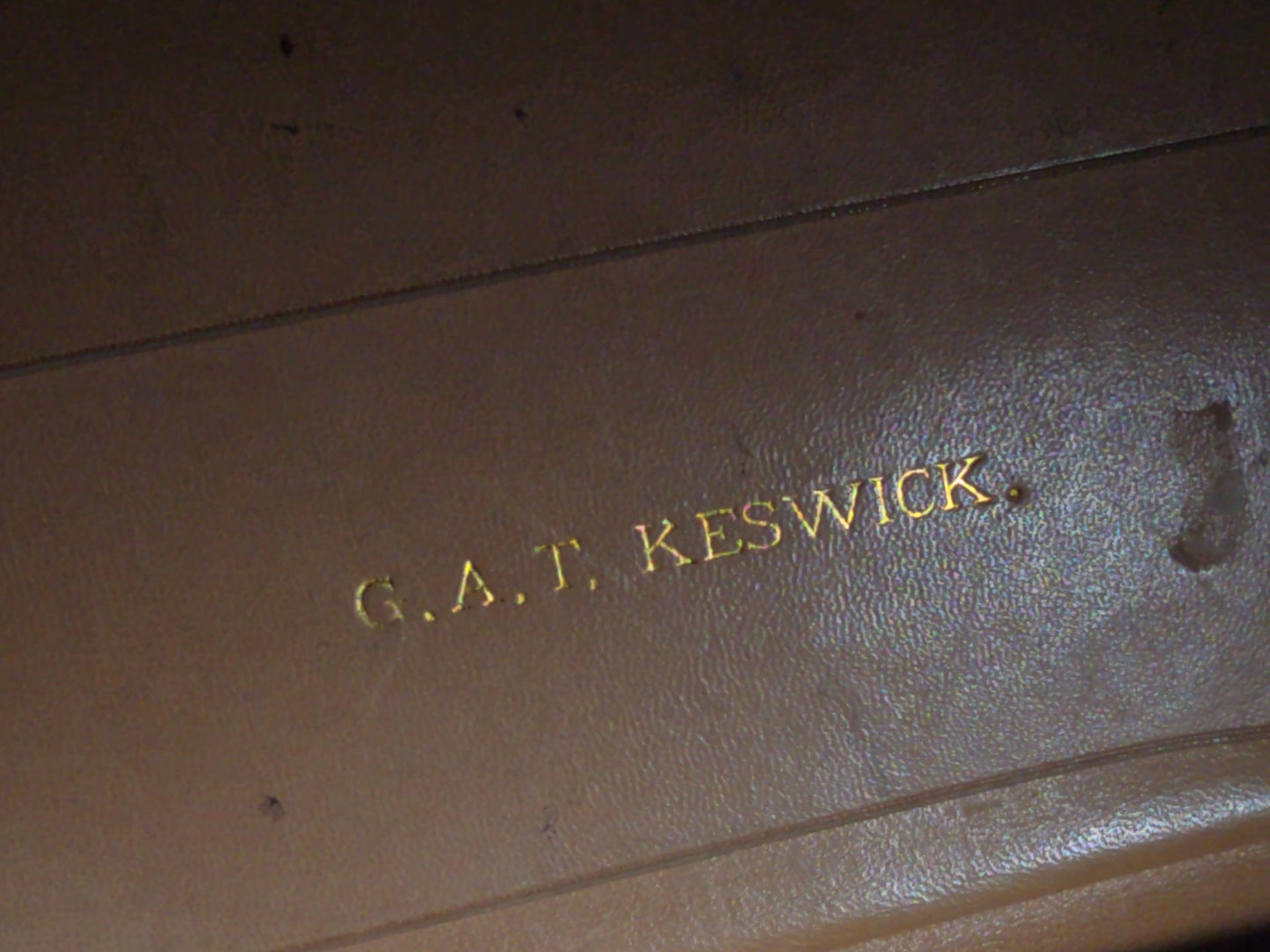 Antique Tooled Leather Portable Writing Desk with Acanthus Scroll Design, Inkwell, and Marbled Paper Blotter, Stamped "G.A.T. Keswick"