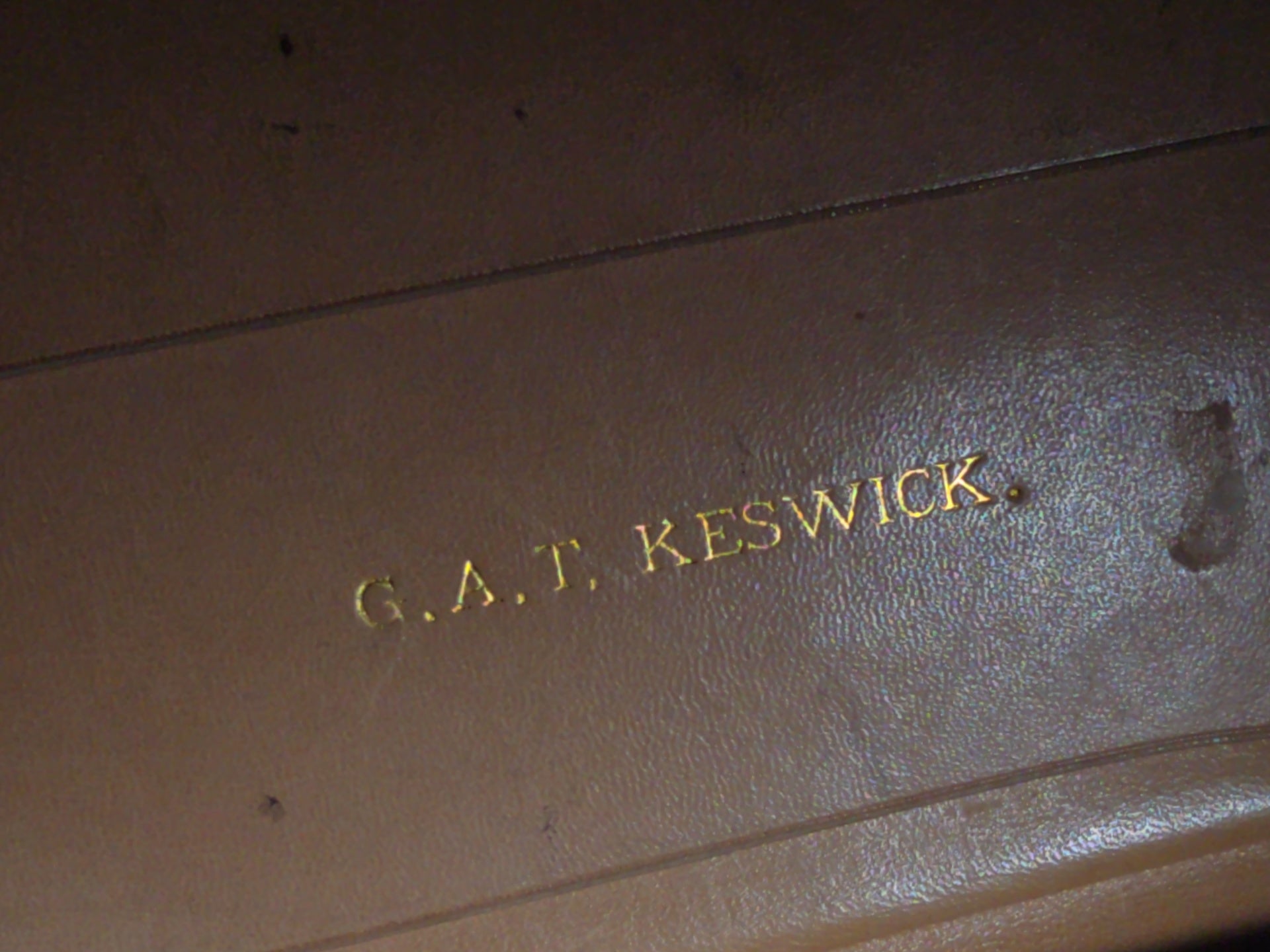 Antique Tooled Leather Portable Writing Desk with Acanthus Scroll Design, Inkwell, and Marbled Paper Blotter, Stamped "G.A.T. Keswick"