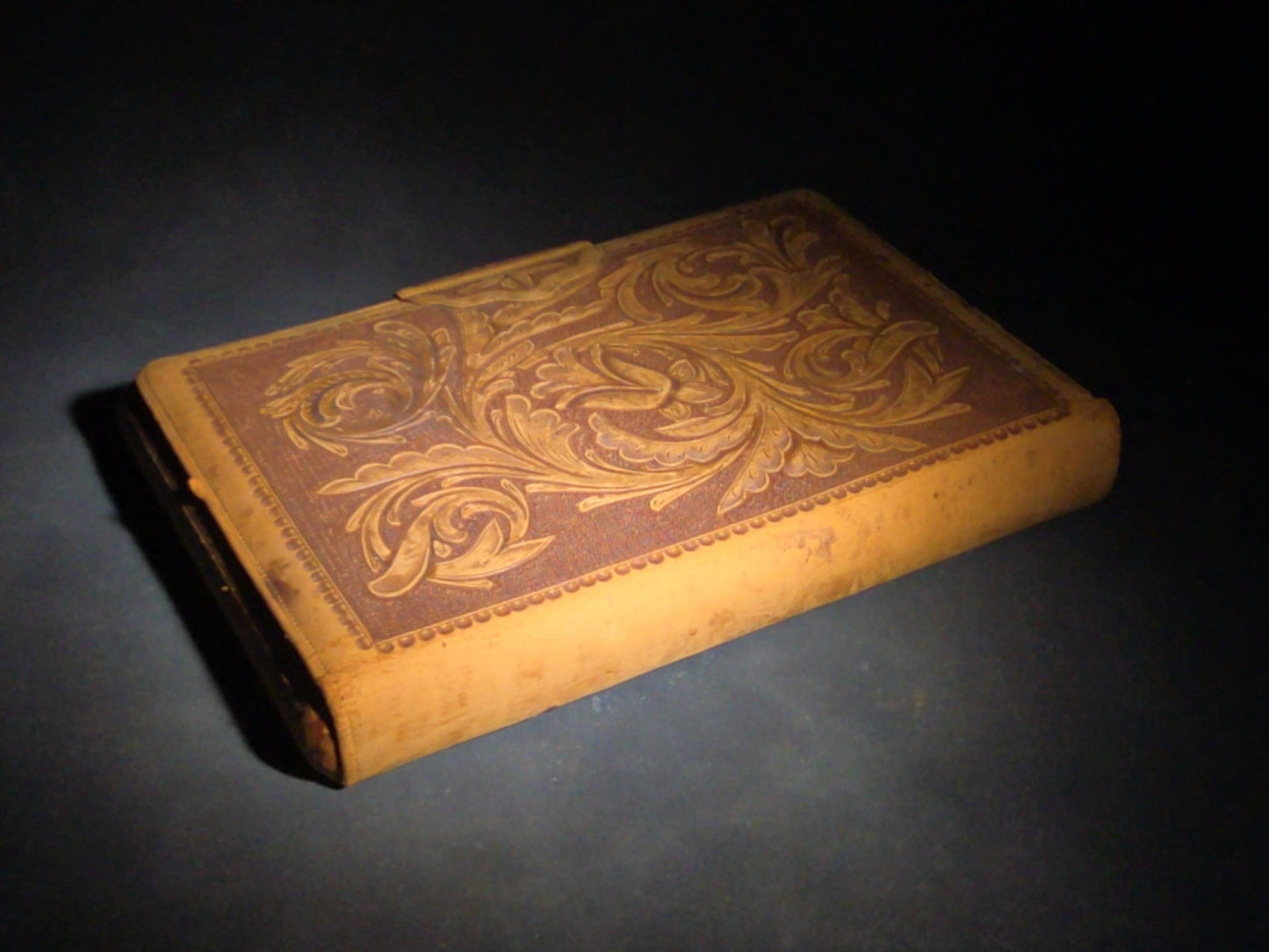Antique Tooled Leather Portable Writing Desk with Acanthus Scroll Design, Inkwell, and Marbled Paper Blotter, Stamped "G.A.T. Keswick"