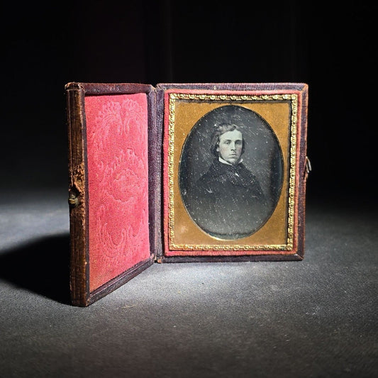 Antique 1/9th Plate Daguerreotype Photograph of a Young Man in a Dark Coat, Photographed by Tyler & Co., in Full Intact Leatherette Case